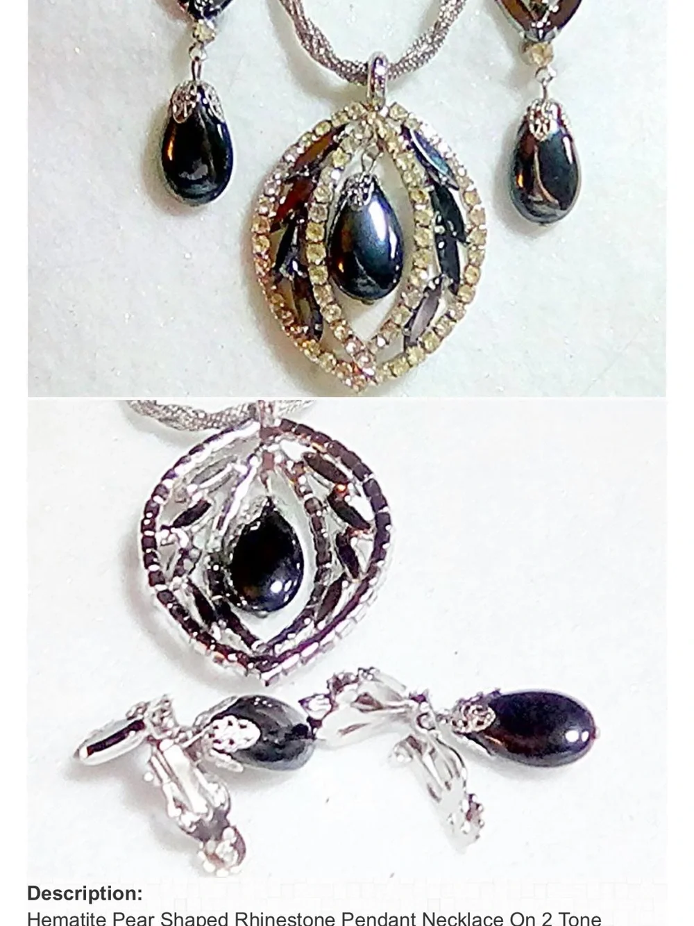 Vintage Juliana Hematite Glass Drop Rhinestone Pendant Necklace